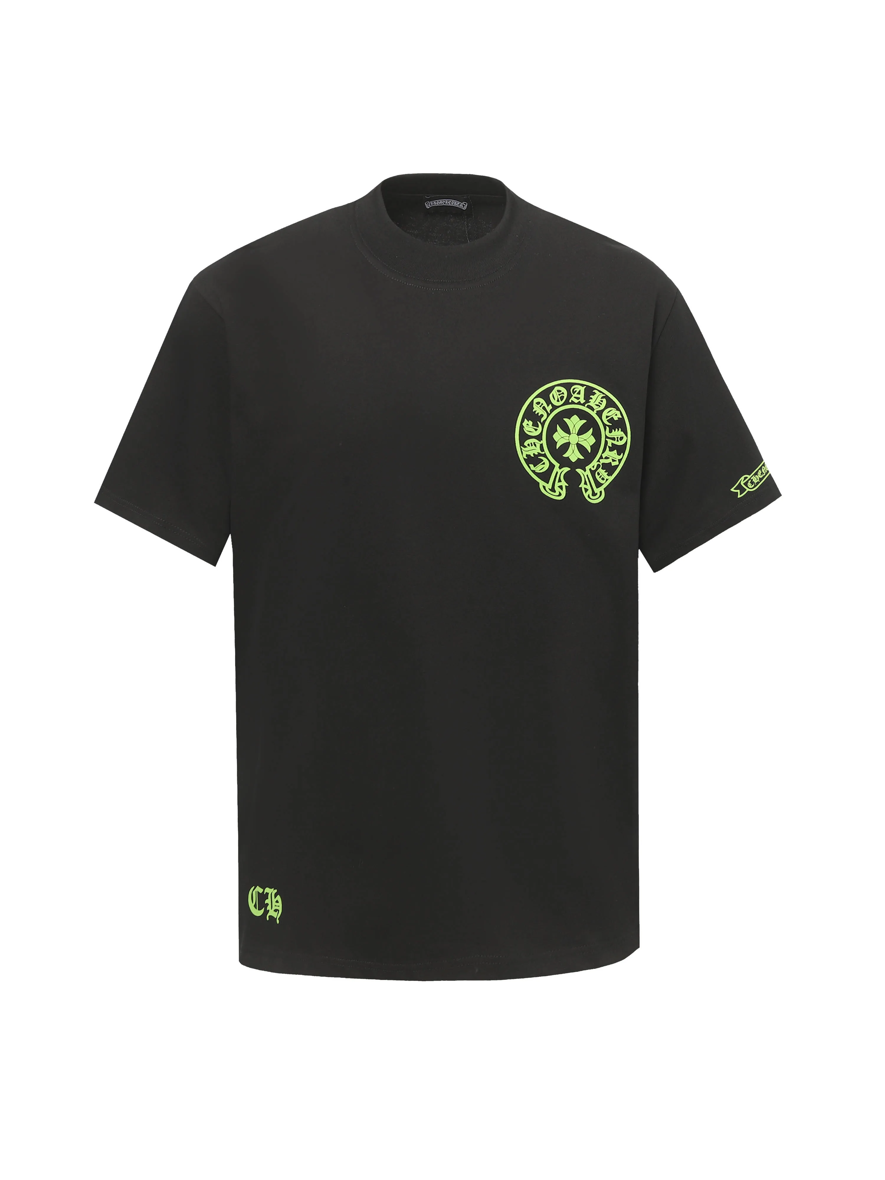 🅿️170 Chrome hearte/Chrome heart ch 25ss early spring Sanskrit horseshoe print short-sleeved T-shirt. A must-have item for daily commuting for men and women in light luxury. The correct version is welcome to compare. Detailed features: ·280g 100% cotton double yarn jersey fabric. ·Custom-dyed in the same cylinder, special thickened 32 pieces double-strand 1x1 thread. ·Double-needle cross-stitch technology. ·Original main mark washed tag. Color: black white. Size: XS-L